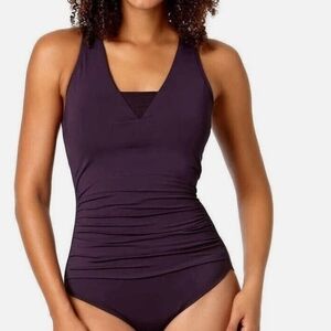 Lands' End Plum Ruched V-Neck One-Piece Swimsuit Purple Large